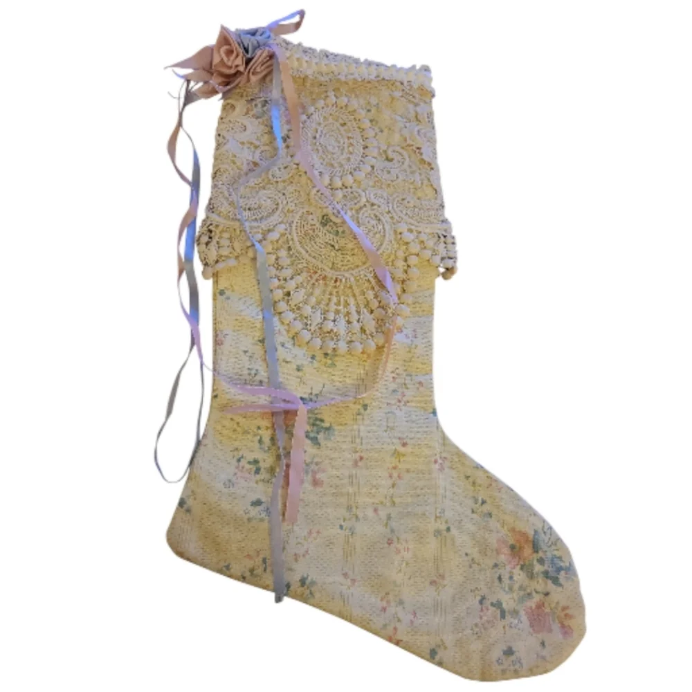 Handcrafted Christmas Stocking Antique Lace Over Floral Cotton Satin Rosettes - Picture 1 of 10
